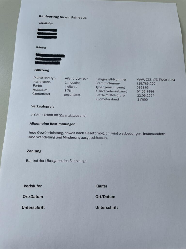 Ich verkaufe mein Fahrzeug (ohne Garantie, ab Platz wie gesehen) und möchte sicherstellen, dass mein Kaufvertrag rechtlich einwandfrei ist und alle Punkte enthält.